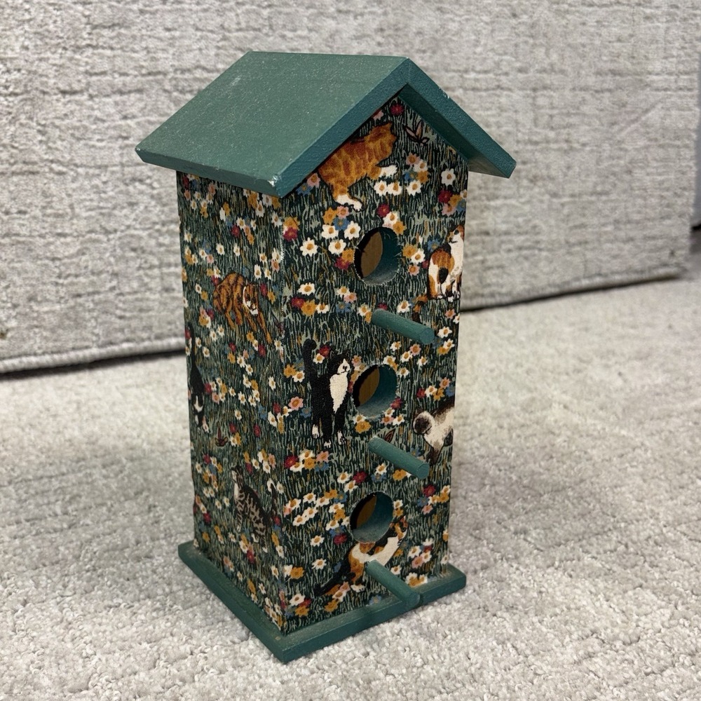 Vintage Wooden 3-Hole Birdhouse Folk Art Cat Wildflower Multi Perch Decor 9.5"